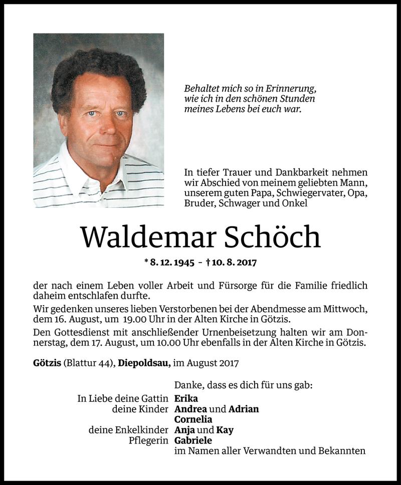  Todesanzeige für Waldemar Schöch vom 12.08.2017 aus Vorarlberger Nachrichten