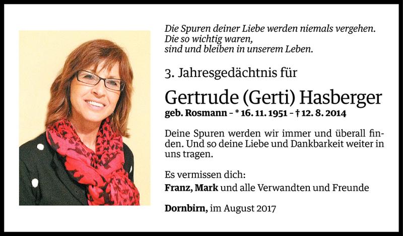  Todesanzeige für Gertrude Hasberger vom 11.08.2017 aus Vorarlberger Nachrichten