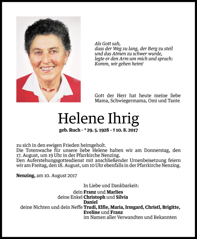  Todesanzeige für Helene Ihrig vom 13.08.2017 aus Vorarlberger Nachrichten