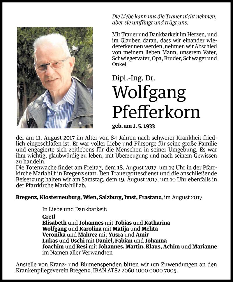  Todesanzeige für Wolfgang Pfefferkorn vom 15.08.2017 aus Vorarlberger Nachrichten