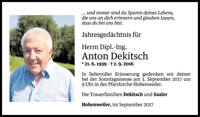  Todesanzeige für Anton Dekitsch vom 31.08.2017 aus Vorarlberger Nachrichten