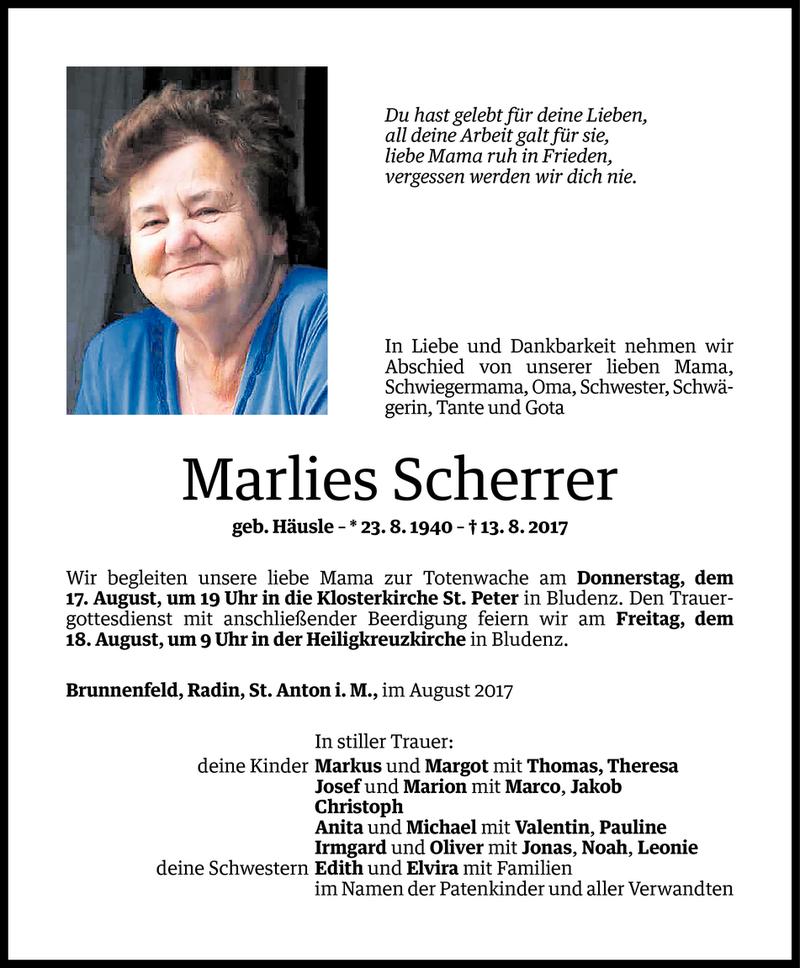  Todesanzeige für Marlies Scherrer vom 16.08.2017 aus Vorarlberger Nachrichten