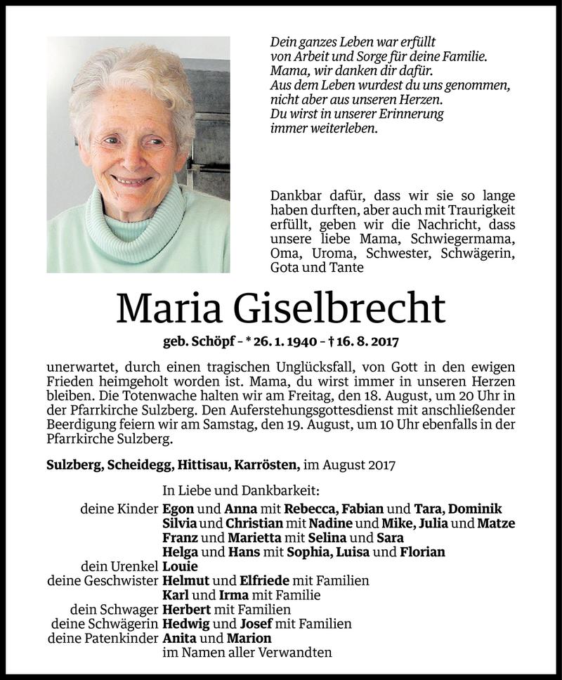  Todesanzeige für Maria Giselbrecht vom 17.08.2017 aus Vorarlberger Nachrichten