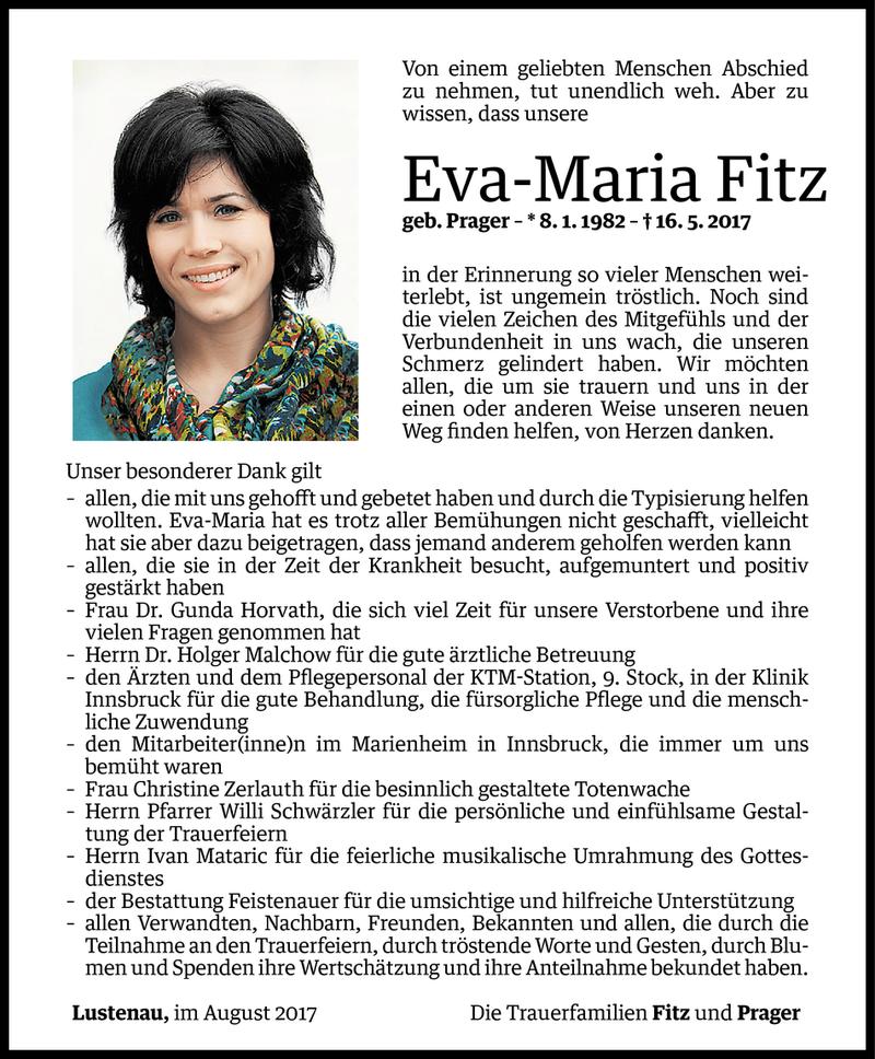  Todesanzeige für Eva-Maria Fitz vom 18.08.2017 aus Vorarlberger Nachrichten