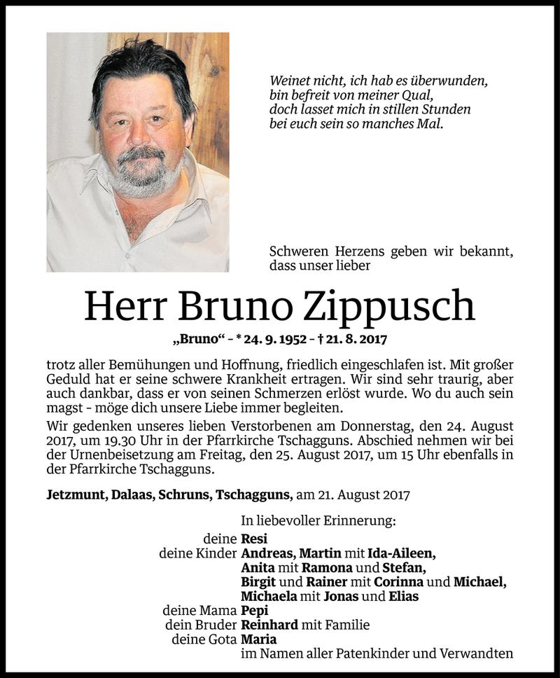  Todesanzeige für Bruno Zippusch vom 22.08.2017 aus Vorarlberger Nachrichten