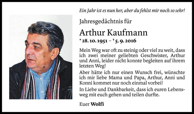  Todesanzeige für Arthur Kaufmann vom 05.09.2017 aus Vorarlberger Nachrichten