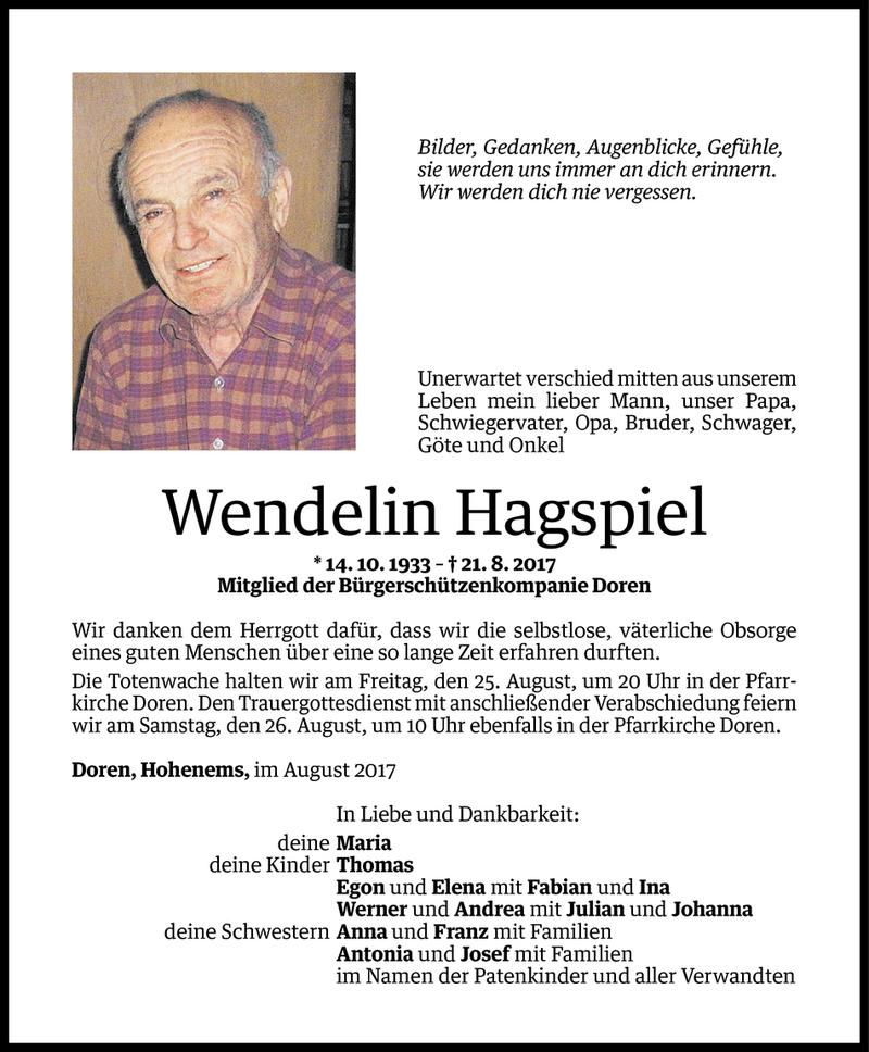  Todesanzeige für Wendelin Hagspiel vom 23.08.2017 aus Vorarlberger Nachrichten