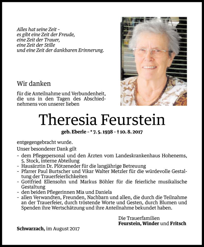  Todesanzeige für Theresia Feurstein vom 30.08.2017 aus Vorarlberger Nachrichten