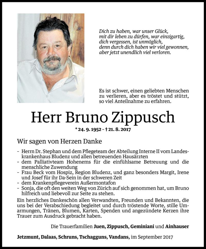  Todesanzeige für Bruno Zippusch vom 31.08.2017 aus Vorarlberger Nachrichten