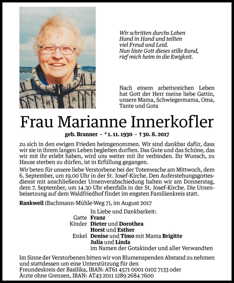  Todesanzeige für Marianne Innerkofler vom 02.09.2017 aus Vorarlberger Nachrichten
