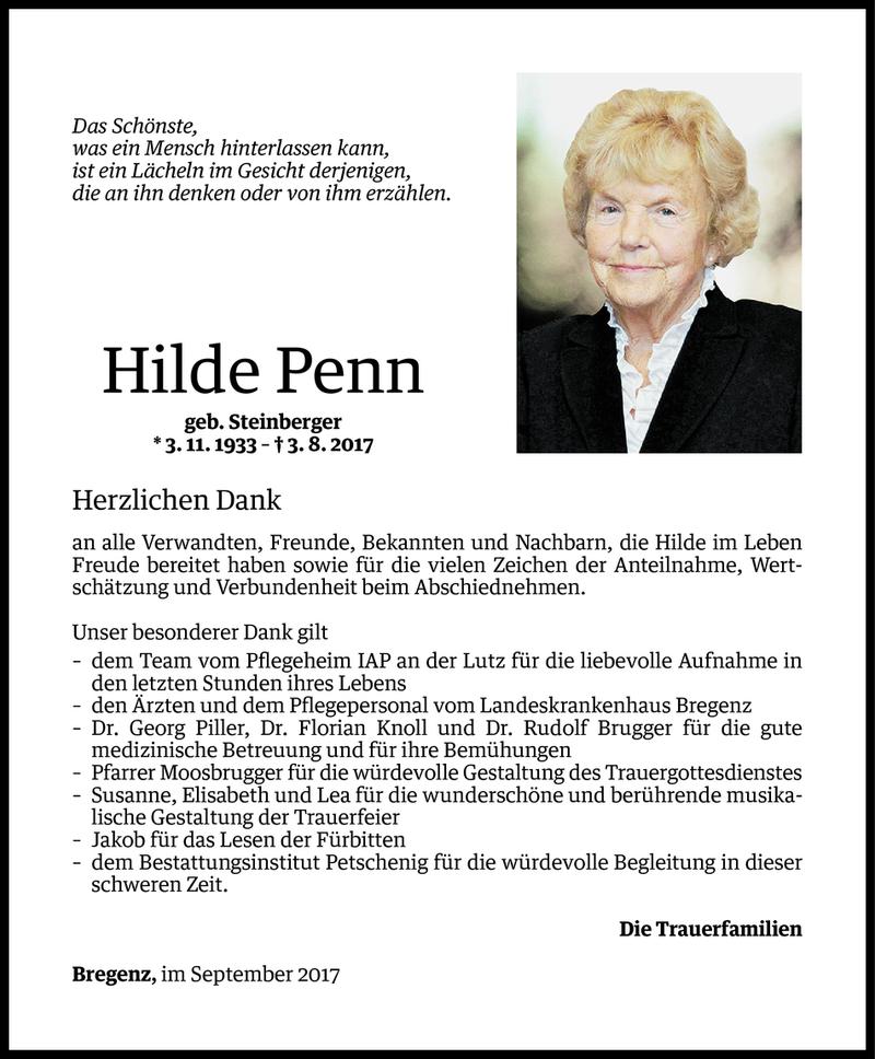  Todesanzeige für Hilde Penn vom 01.09.2017 aus Vorarlberger Nachrichten
