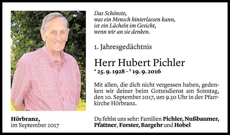  Todesanzeige für Hubert Pichler vom 05.09.2017 aus Vorarlberger Nachrichten