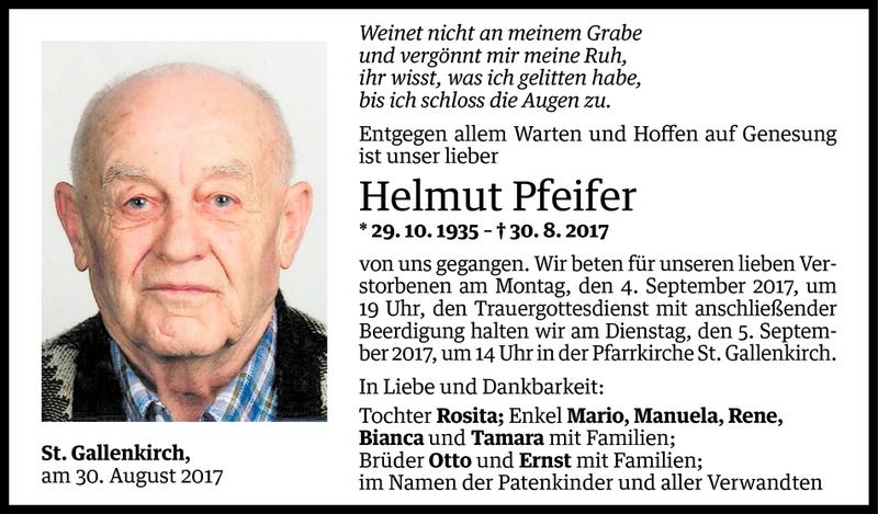  Todesanzeige für Helmut Pfeifer vom 01.09.2017 aus Vorarlberger Nachrichten