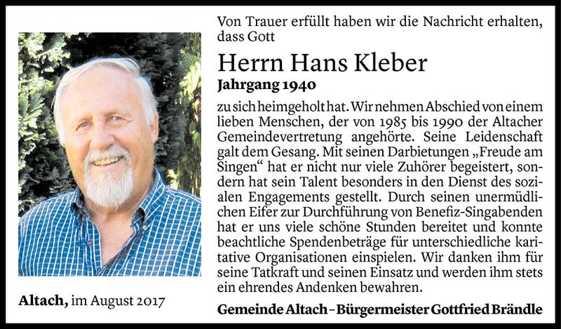  Todesanzeige für Hans Kleber vom 06.09.2017 aus Vorarlberger Nachrichten