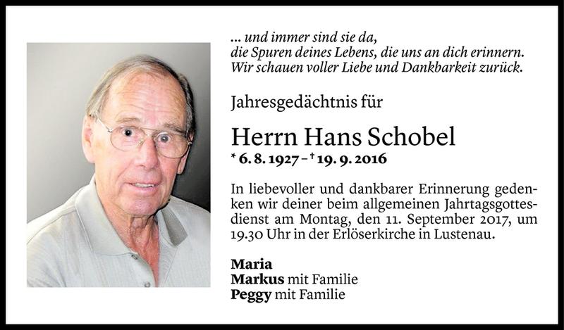  Todesanzeige für Hans Schobel vom 08.09.2017 aus Vorarlberger Nachrichten