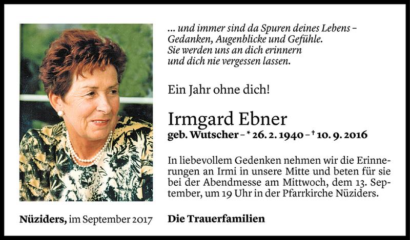  Todesanzeige für Irmgard Ebner vom 09.09.2017 aus Vorarlberger Nachrichten