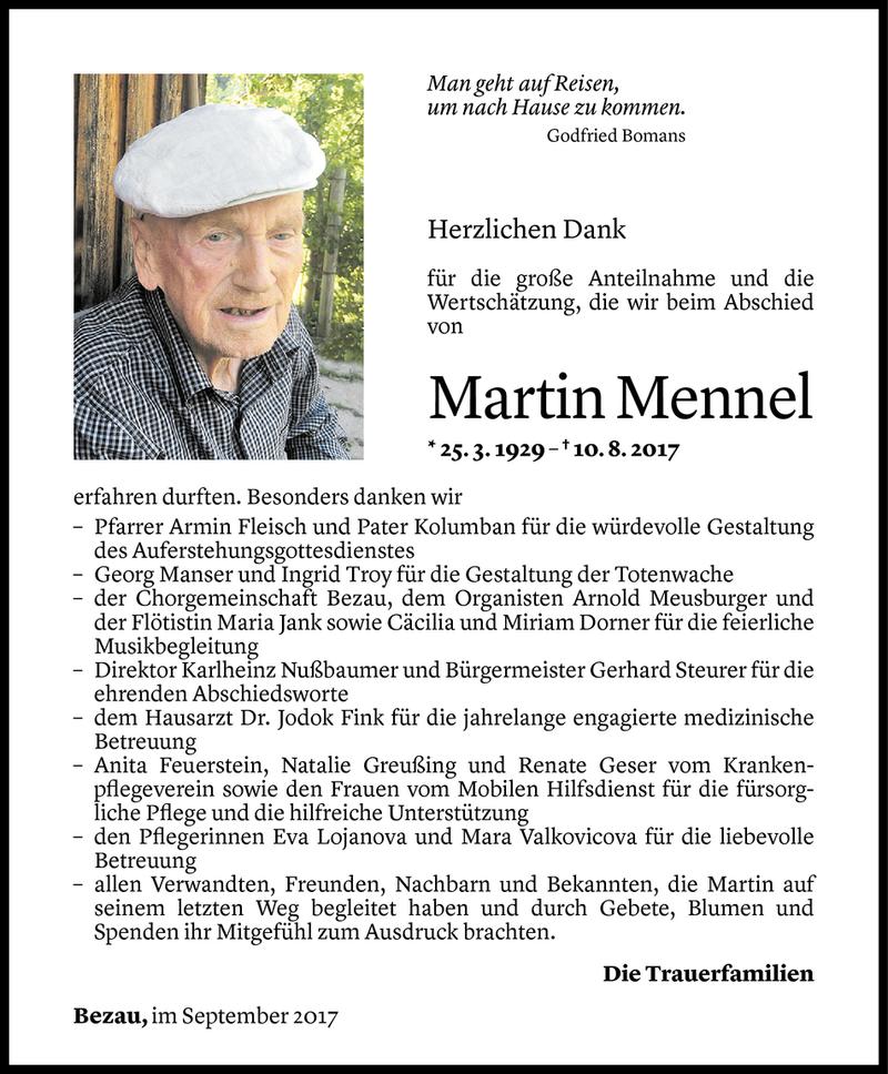  Todesanzeige für Martin Mennel vom 07.09.2017 aus Vorarlberger Nachrichten