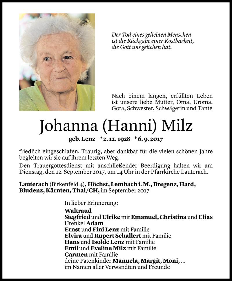  Todesanzeige für Johanna Milz vom 08.09.2017 aus Vorarlberger Nachrichten