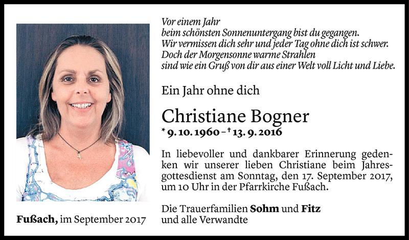  Todesanzeige für Christiane Bogner vom 12.09.2017 aus Vorarlberger Nachrichten