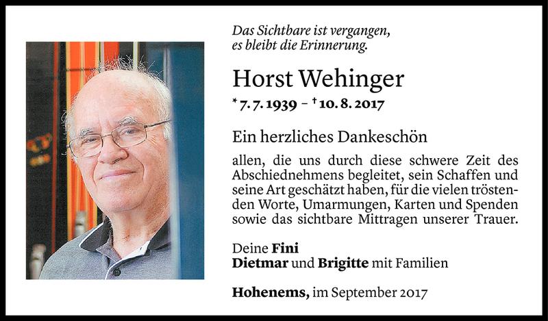  Todesanzeige für Horst Wehinger vom 09.09.2017 aus Vorarlberger Nachrichten