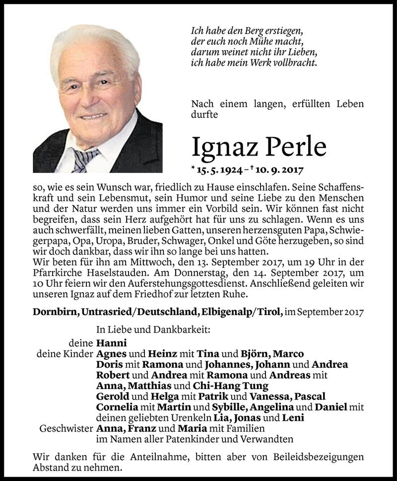  Todesanzeige für Ignaz Perle vom 11.09.2017 aus Vorarlberger Nachrichten