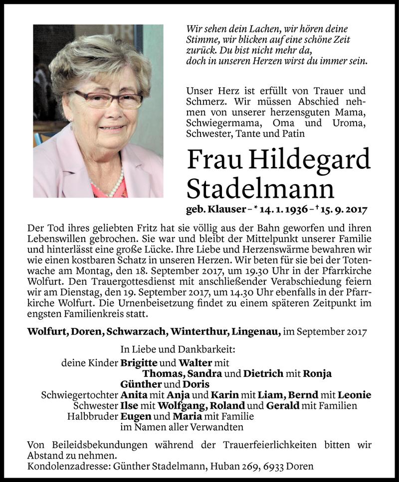  Todesanzeige für Hildegard Stadelmann vom 17.09.2017 aus Vorarlberger Nachrichten