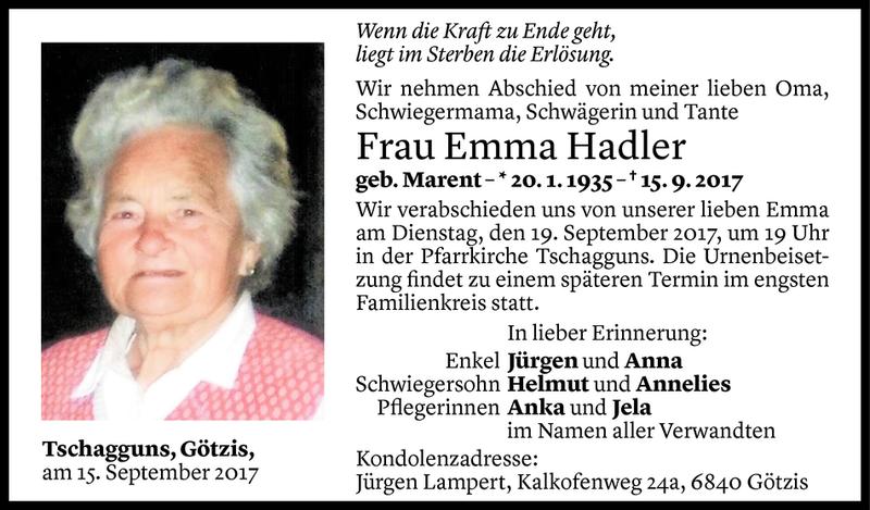  Todesanzeige für Emma Hadler vom 17.09.2017 aus Vorarlberger Nachrichten