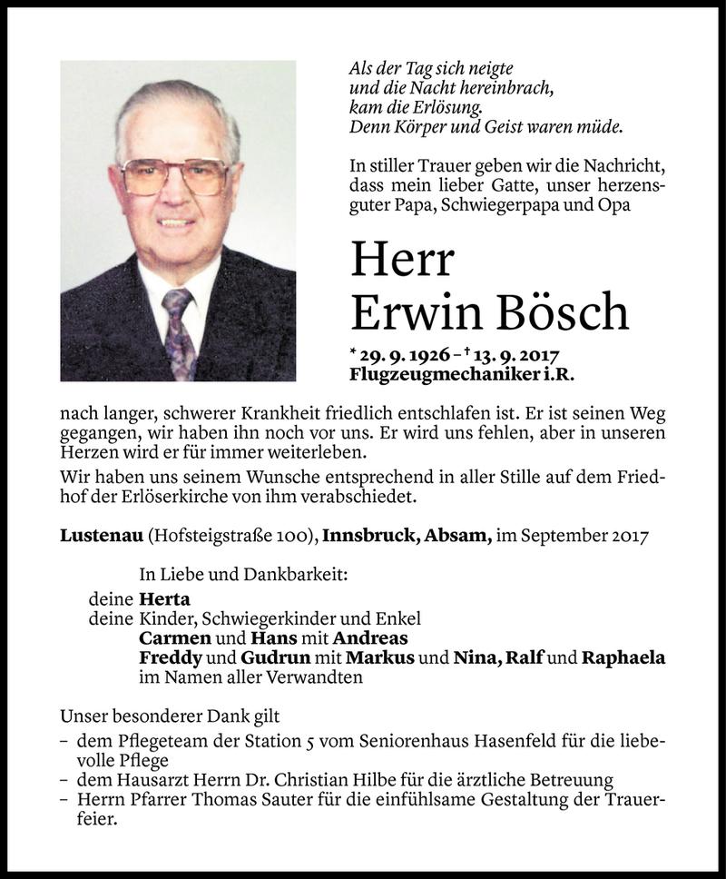  Todesanzeige für Erwin Bösch vom 18.09.2017 aus Vorarlberger Nachrichten