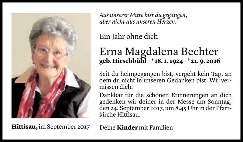  Todesanzeige für Erna Bechter vom 20.09.2017 aus Vorarlberger Nachrichten