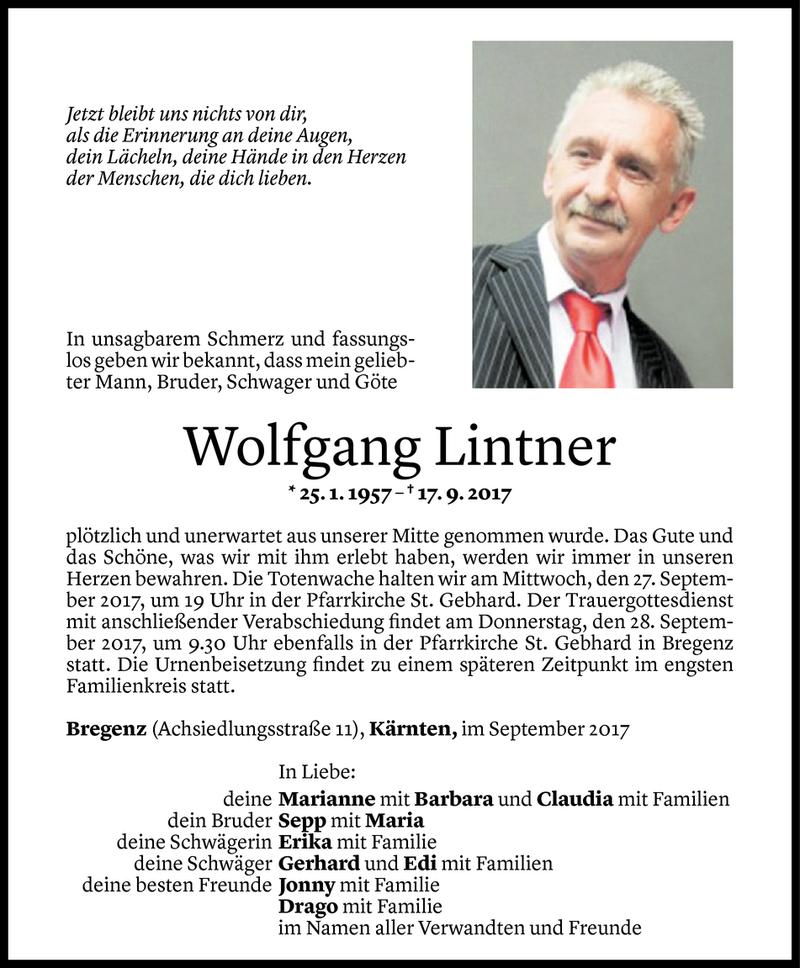  Todesanzeige für Wolfgang Lintner vom 22.09.2017 aus Vorarlberger Nachrichten