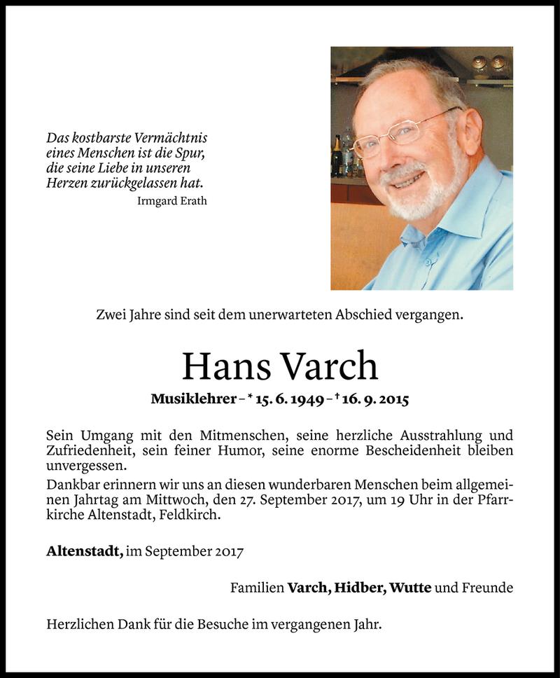  Todesanzeige für Hans Varch vom 22.09.2017 aus Vorarlberger Nachrichten