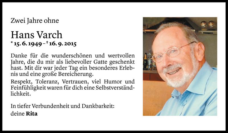  Todesanzeige für Hans Varch vom 22.09.2017 aus Vorarlberger Nachrichten