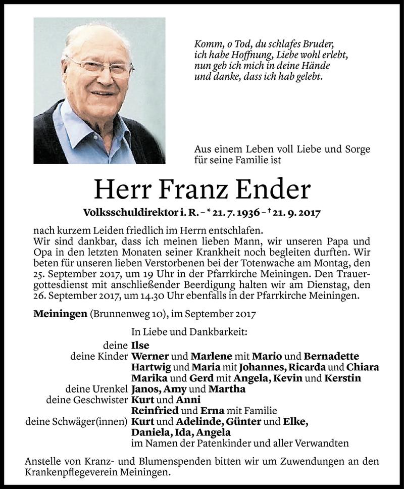  Todesanzeige für Franz Ender vom 22.09.2017 aus Vorarlberger Nachrichten