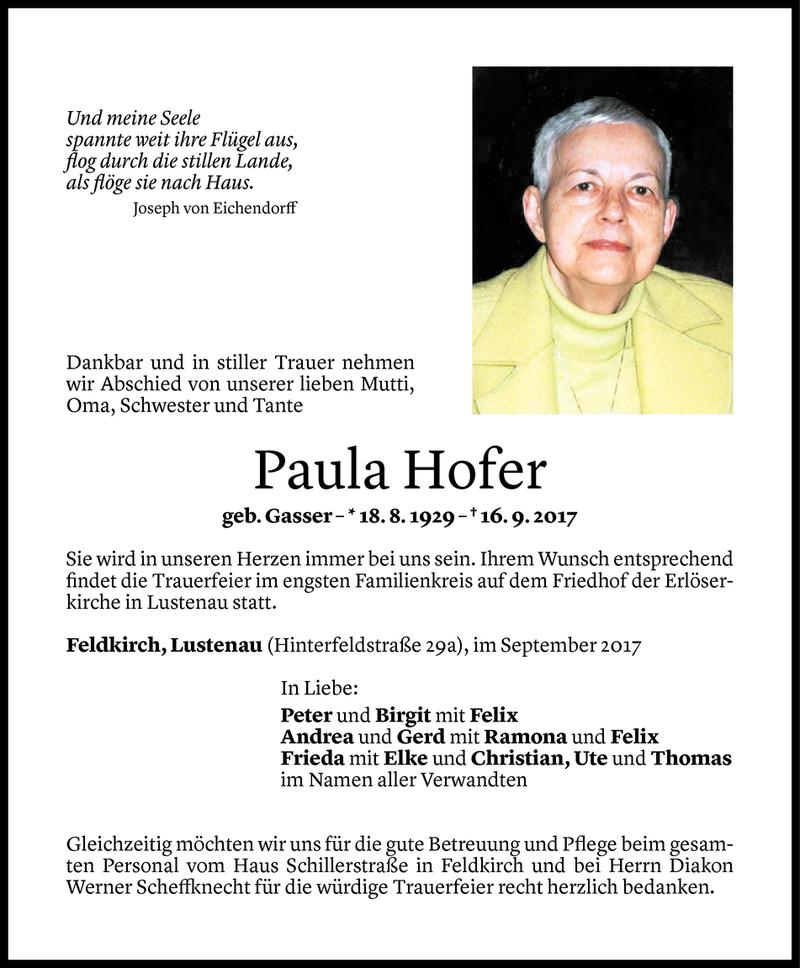  Todesanzeige für Paula Hofer vom 23.09.2017 aus Vorarlberger Nachrichten
