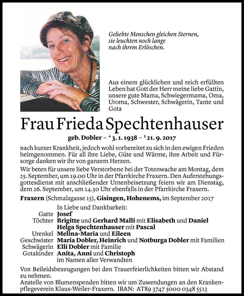  Todesanzeige für Frieda Spechtenhauser vom 23.09.2017 aus Vorarlberger Nachrichten