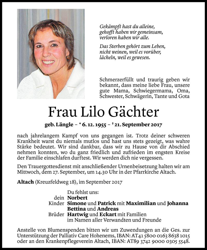  Todesanzeige für Lilo Gächter vom 23.09.2017 aus Vorarlberger Nachrichten
