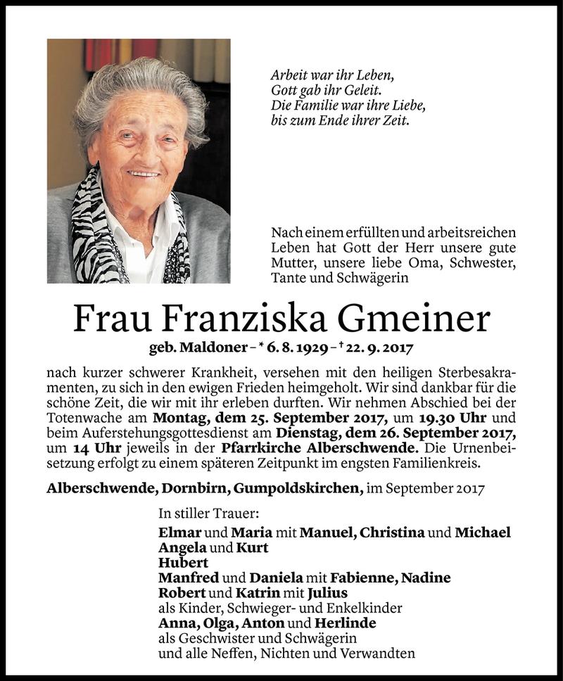  Todesanzeige für Franziska Gmeiner vom 25.09.2017 aus Vorarlberger Nachrichten