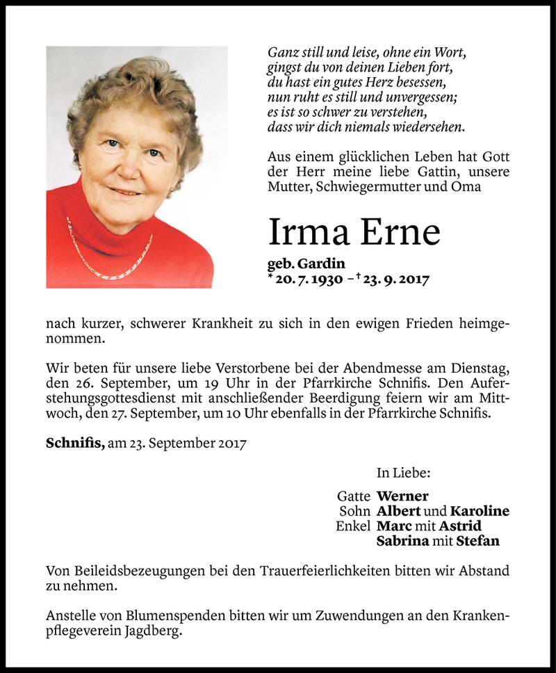  Todesanzeige für Irma Erne vom 24.09.2017 aus Vorarlberger Nachrichten