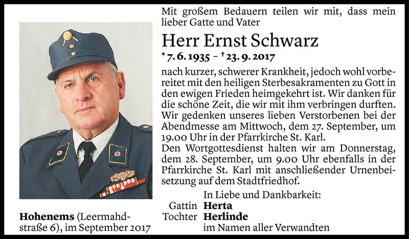  Todesanzeige für Ernst Schwarz vom 26.09.2017 aus Vorarlberger Nachrichten