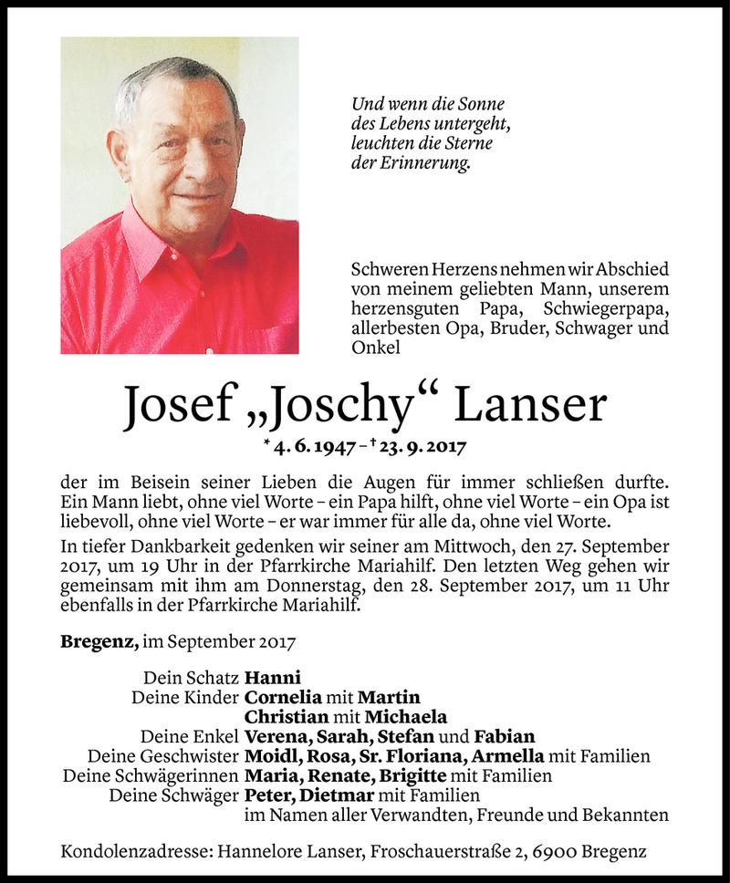  Todesanzeige für Josef Lanser vom 25.09.2017 aus Vorarlberger Nachrichten