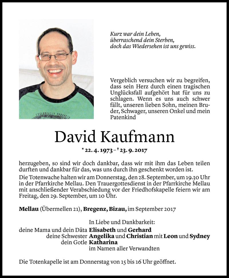  Todesanzeige für David Kaufmann vom 26.09.2017 aus Vorarlberger Nachrichten