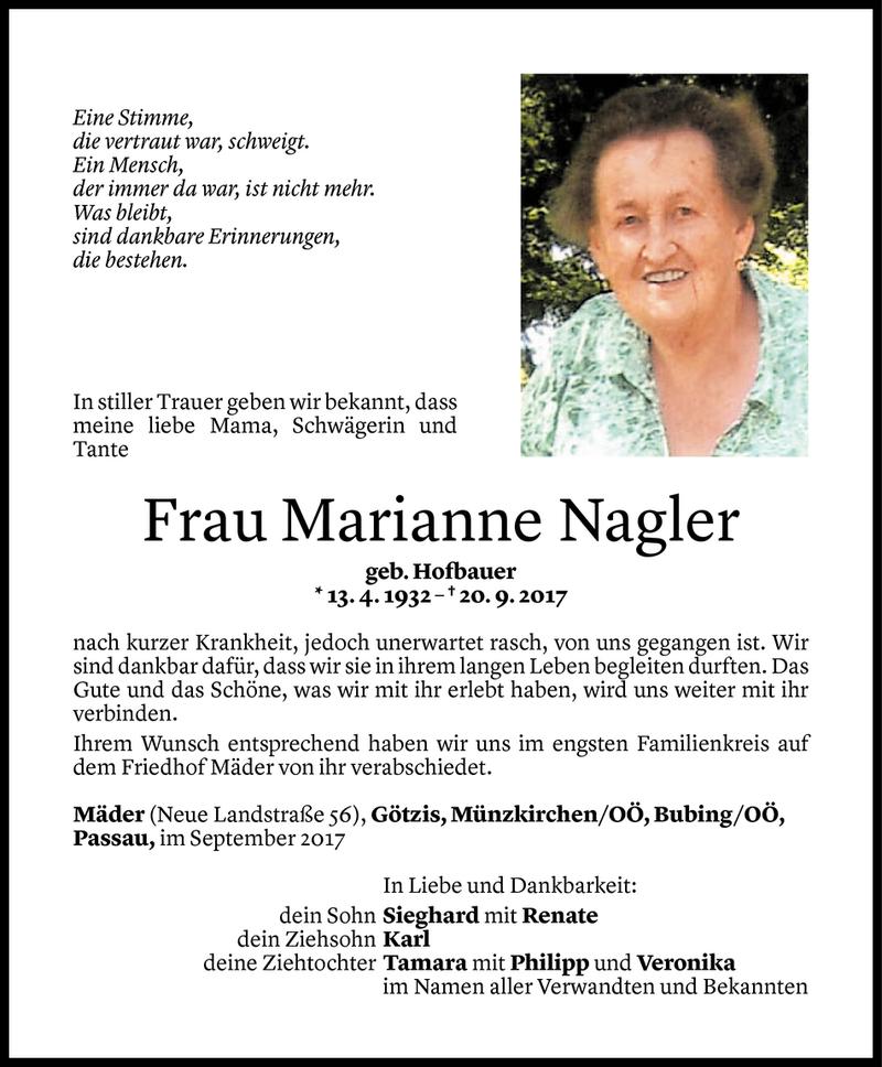  Todesanzeige für Marianne Nagler vom 27.09.2017 aus Vorarlberger Nachrichten