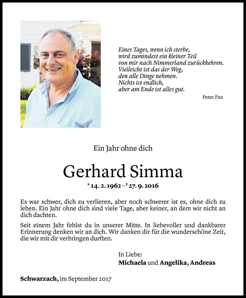  Todesanzeige für Gerhard Simma vom 26.09.2017 aus Vorarlberger Nachrichten