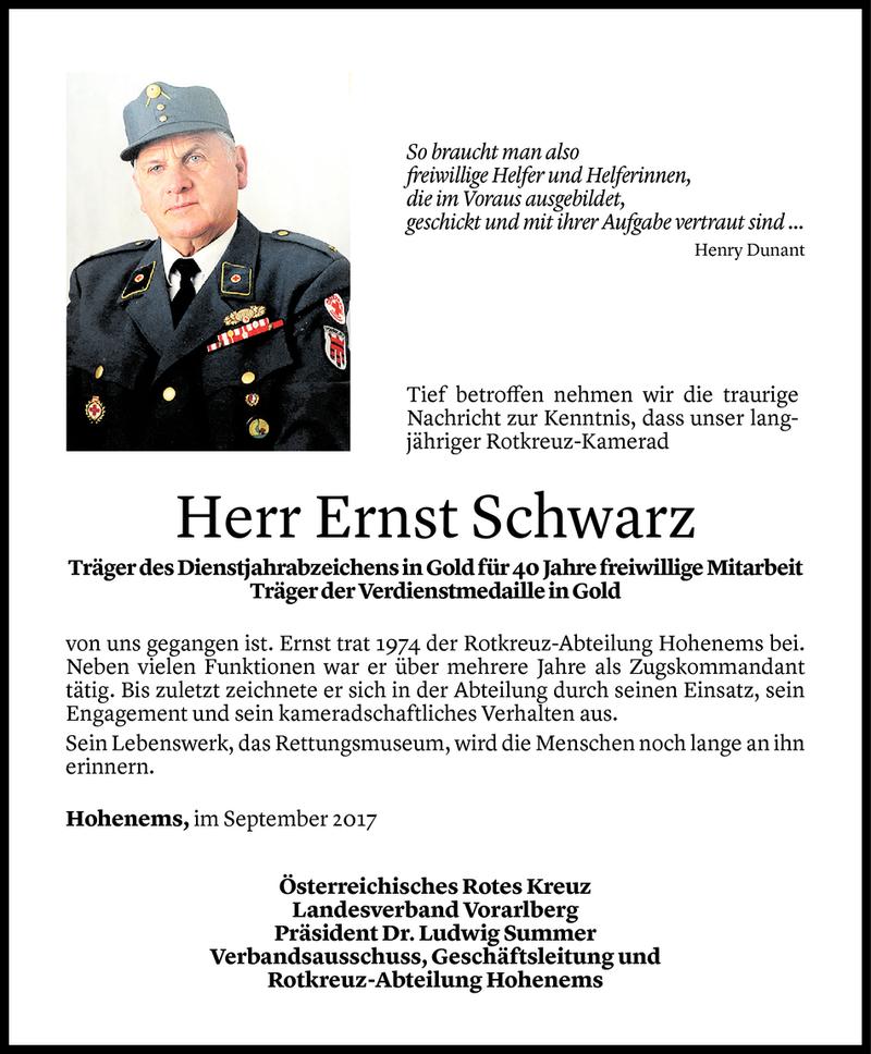  Todesanzeige für Ernst Schwarz vom 26.09.2017 aus Vorarlberger Nachrichten