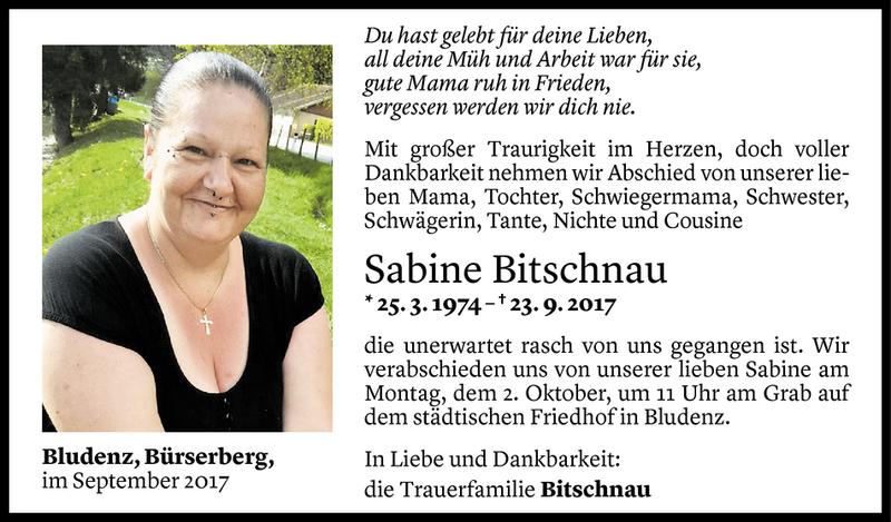  Todesanzeige für Sabine Bitschnau vom 29.09.2017 aus Vorarlberger Nachrichten