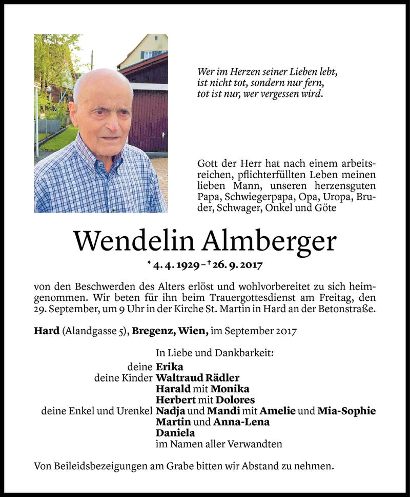  Todesanzeige für Wendelin Almberger vom 26.09.2017 aus Vorarlberger Nachrichten