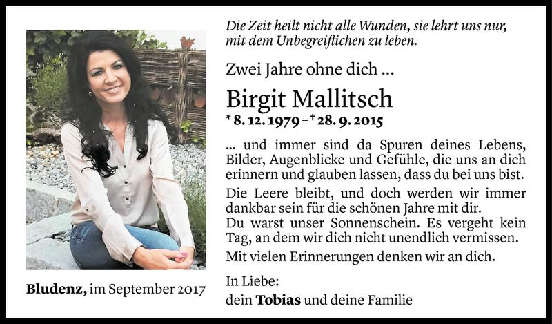  Todesanzeige für Birgit Mallitsch vom 27.09.2017 aus Vorarlberger Nachrichten