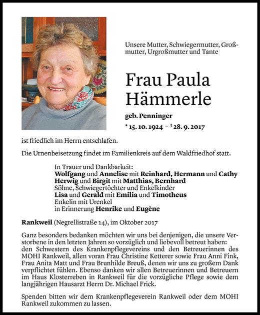 Todesanzeige von Paula Hämmerle von Vorarlberger Nachrichten