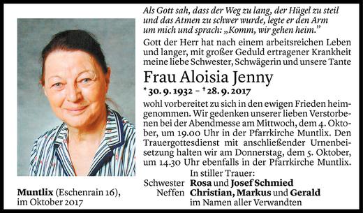 Todesanzeige von Aloisei Jenny von Vorarlberger Nachrichten