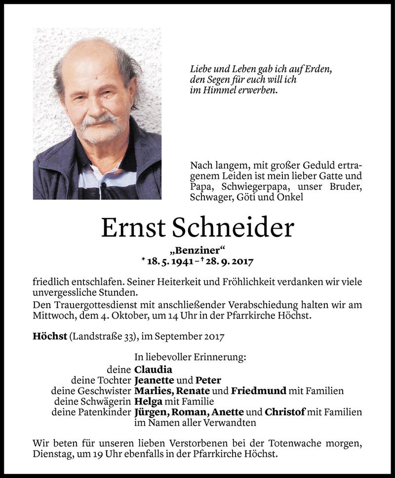  Todesanzeige für Ernst Schneider vom 01.10.2017 aus Vorarlberger Nachrichten